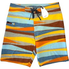 PRANA Mens 9in Fenton Board Shorts Swim Trunks Ochre Stripe Orange MSRP 65 