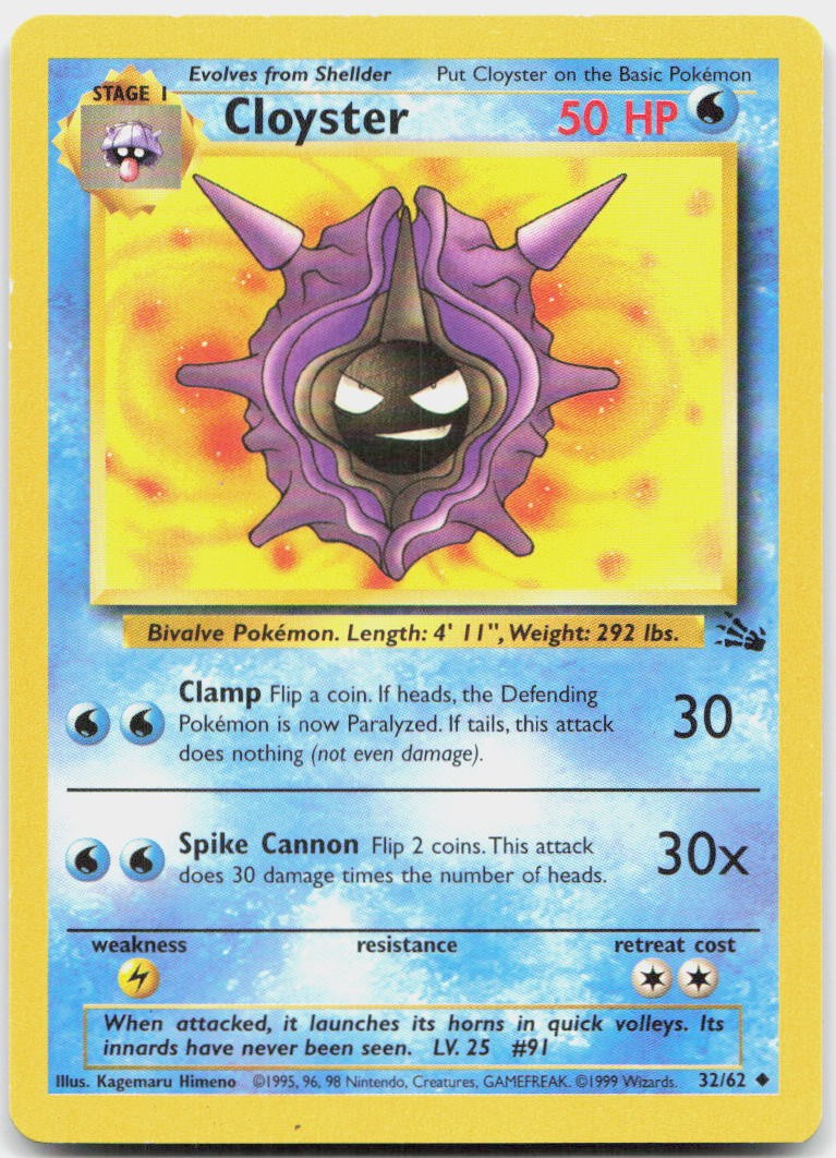 Cloyster 32/62 Uncommon Fossil Pokemon Unlimited LP