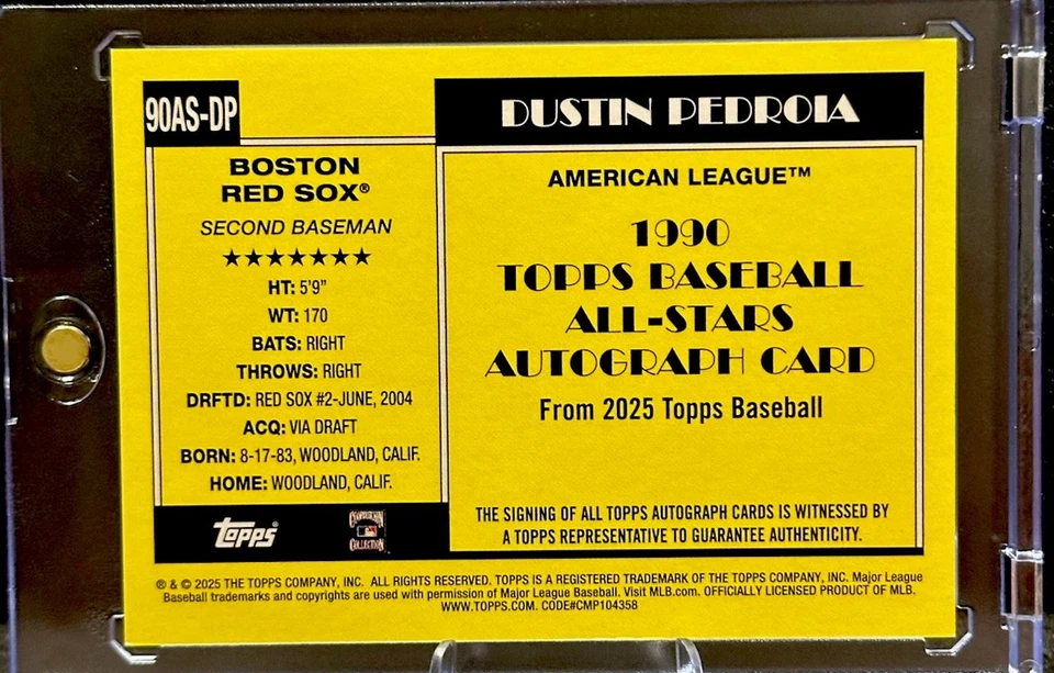 DUSTIN PEDROIA 2025 TOPPS SERIE 2 1990 TOPPS ALL-STAR AUTOMÁTICO #90AS-DP Foto 3 de 4
