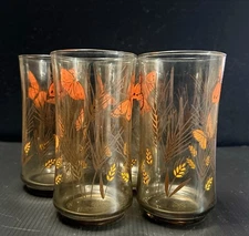 4 Vtg Libbey Monarch Butterfly And Wheat Glass Tumblers MCM 12 oz