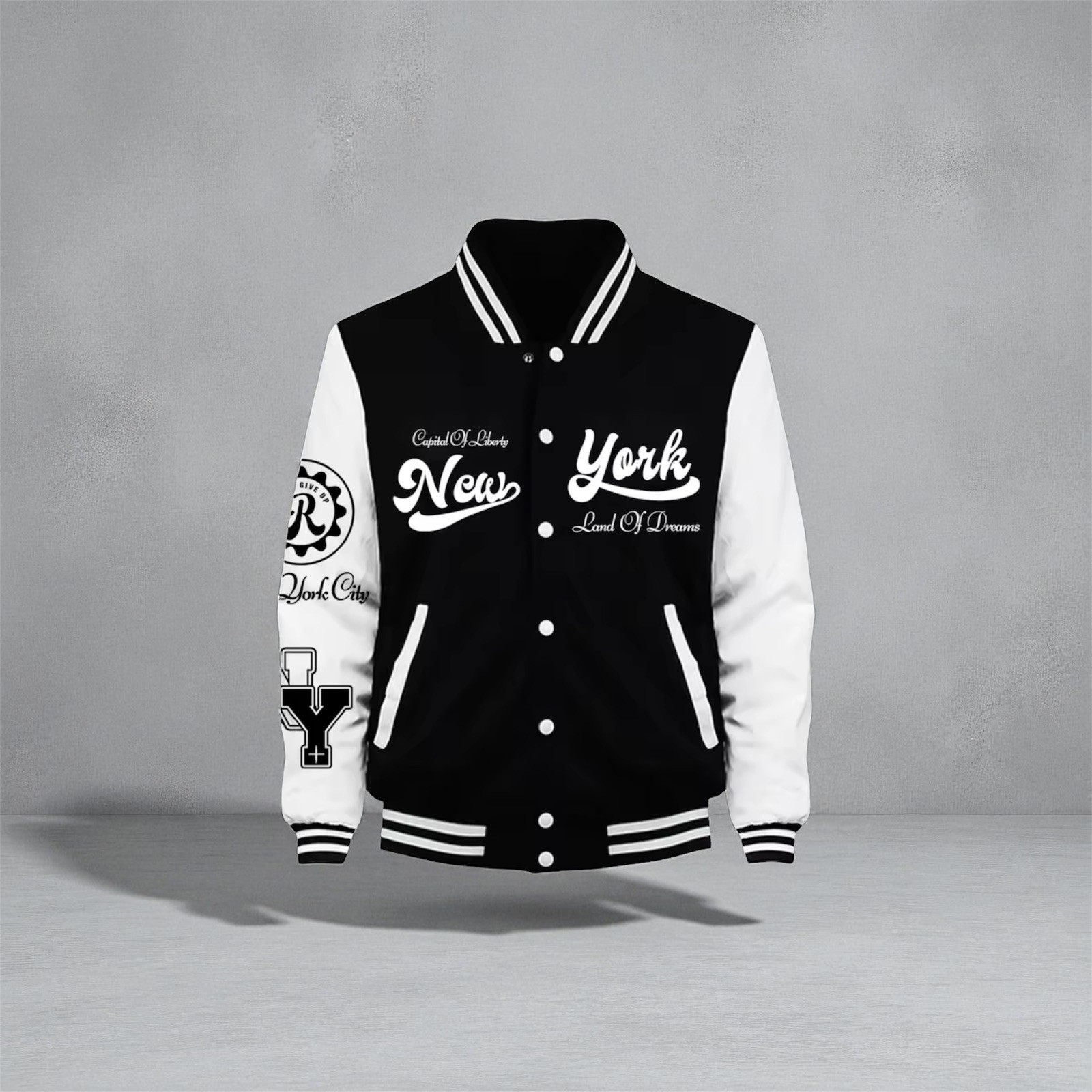 Men&rsquo;s New York Varsity Jacket &ndash; Black & White Letterman Style, Graphic Print
