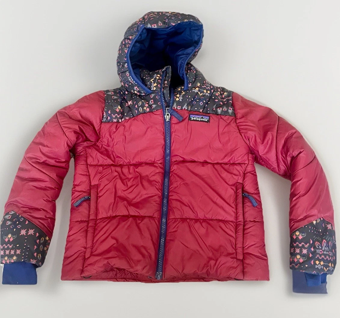 Patagonia Kids Girls Puffer Jacket Sz 5/6 XS Hooded Winter Coat Red & Print Zip