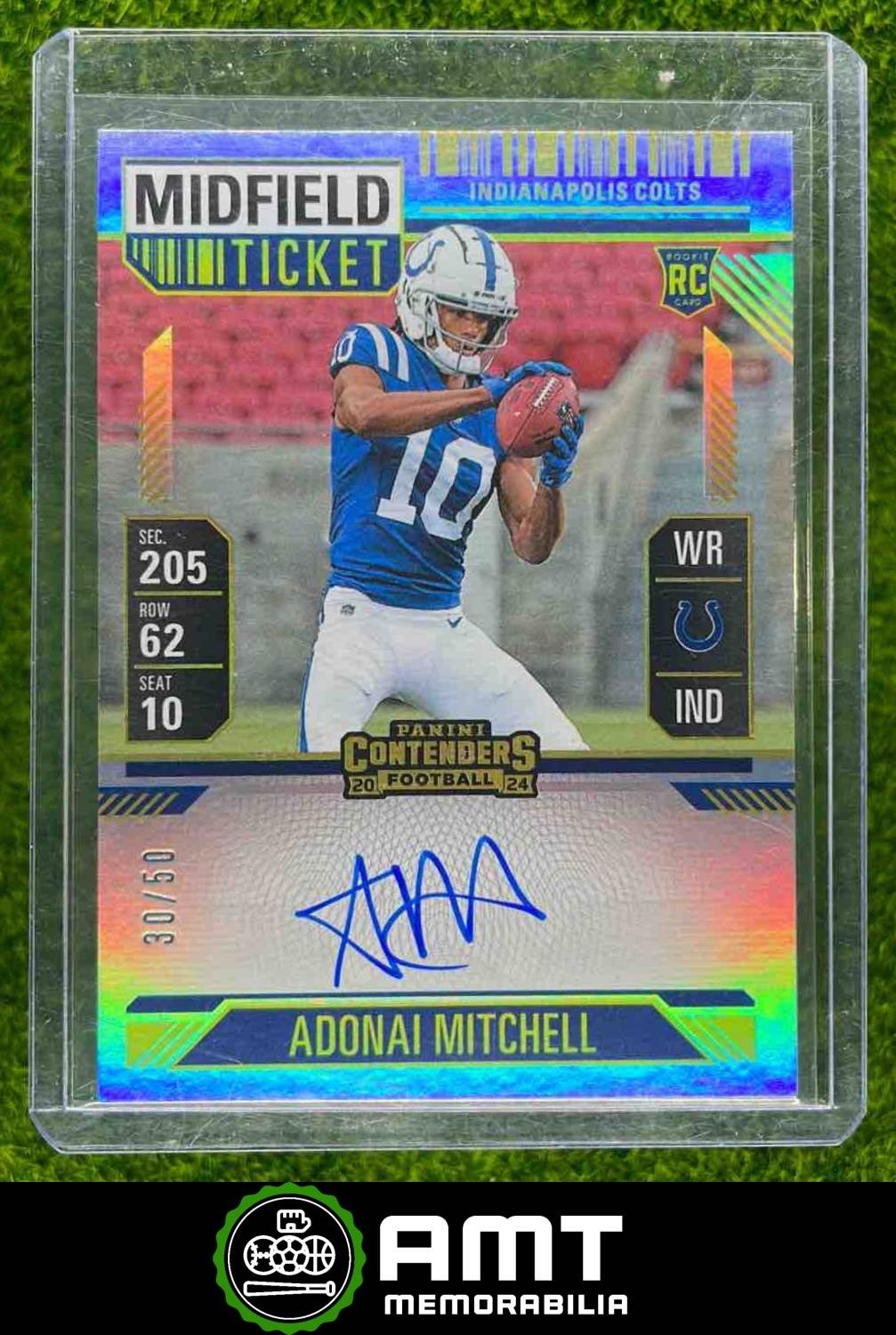 Adonai Mitchell RC 2024 Panini Contenders 30/50 Rookie Ticket Auto Midfield