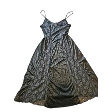 Vintage nylon lace panel maxi slip dress black medium lingerie vanity Whimsigoth
