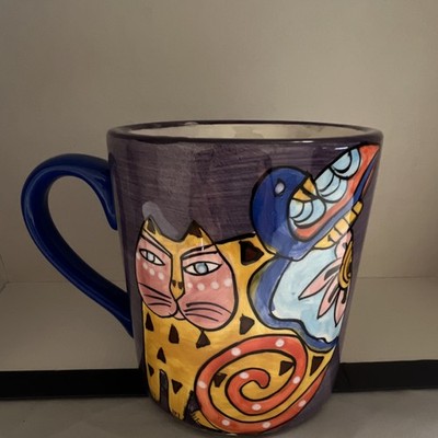 Vintage Laurel Burch Cat Mug 1997 Purple Ceramic Blue Handle Design Studio Inc.