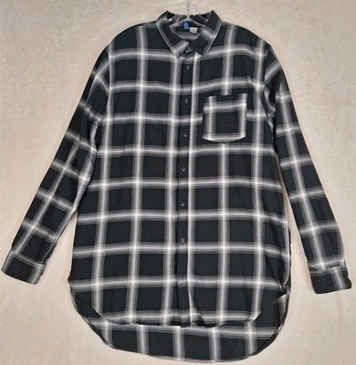 H&M Divided Shirt Mens XL Black White Plaid Button Down Casual Pocket Long Hi Lo