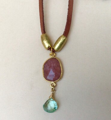 New Sundance Charm Necklace deerskin leather suede brown cord strawberry quartz