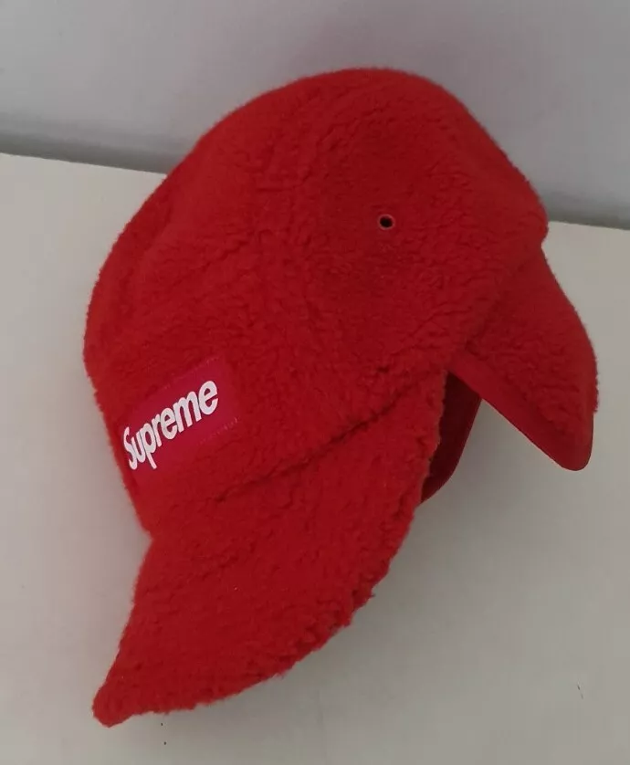 Chapeau rabat oreillette FW20 Supreme Deep Pile S/M casquette rouge petite boîte moyenne logo porté 1x