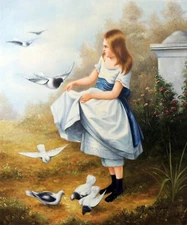 Pretty Girl Feeding Birds Classic Style 20X24 Oil Painting STRETCHED CANVAS