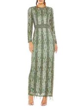 Mac Duggal Sage Green Sequin Beaded Fringe Long Sleeve Gown Size 10 $898