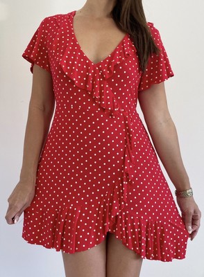 red polka dot wrap dress