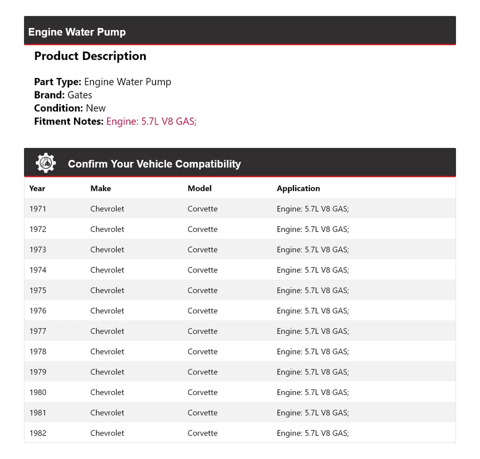 Portões de bomba de água motor Chevrolet Corvette 5.7L V8 GAS 1972 1973 1971-1982 - Imagem 2 de 4