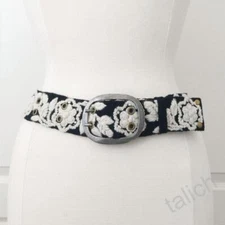 Jenny Krauss Black Cream White Two Tone Embroidery Wool Belt Handmade Peru S M L