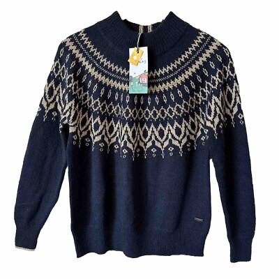 Joules Elvie Fair Isle Embellished Knit Sweater Womens Size 2 Navy Gold New NWT