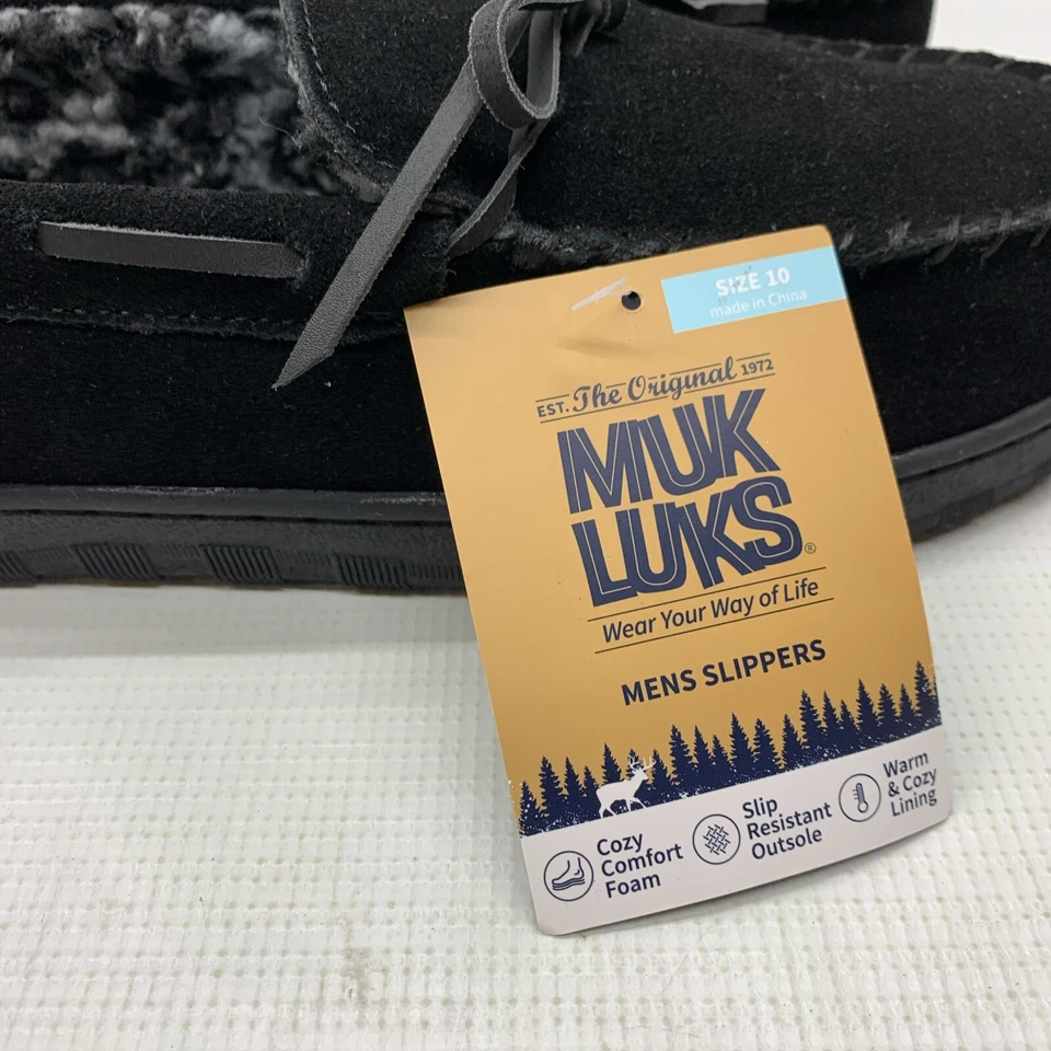 MUK LUKS Paul Printed Berber Suede Moccasin Men's Slipper Black Size 10 Casual Foto 3 de 4