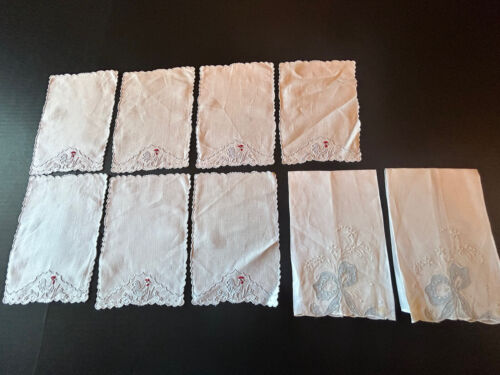 7 serviettes COQS COCKTAIL en lin vintage brodées et 2 serviettes à main vintage arc bleu - Photo 1/11