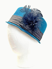 Church Fancy Dress Hat Womens Blue Wool Black Band And Feathers