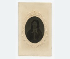 TINTYPE STUDIO PORTRAIT LADY W/ LONG CURLS, 1/16 PLATE, PERIOD MAT