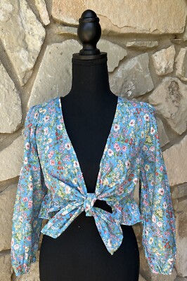 LUSH Crop Top Small Blue Floral Tie Front Long Balloon Sleeve V-Neck Babydoll EC