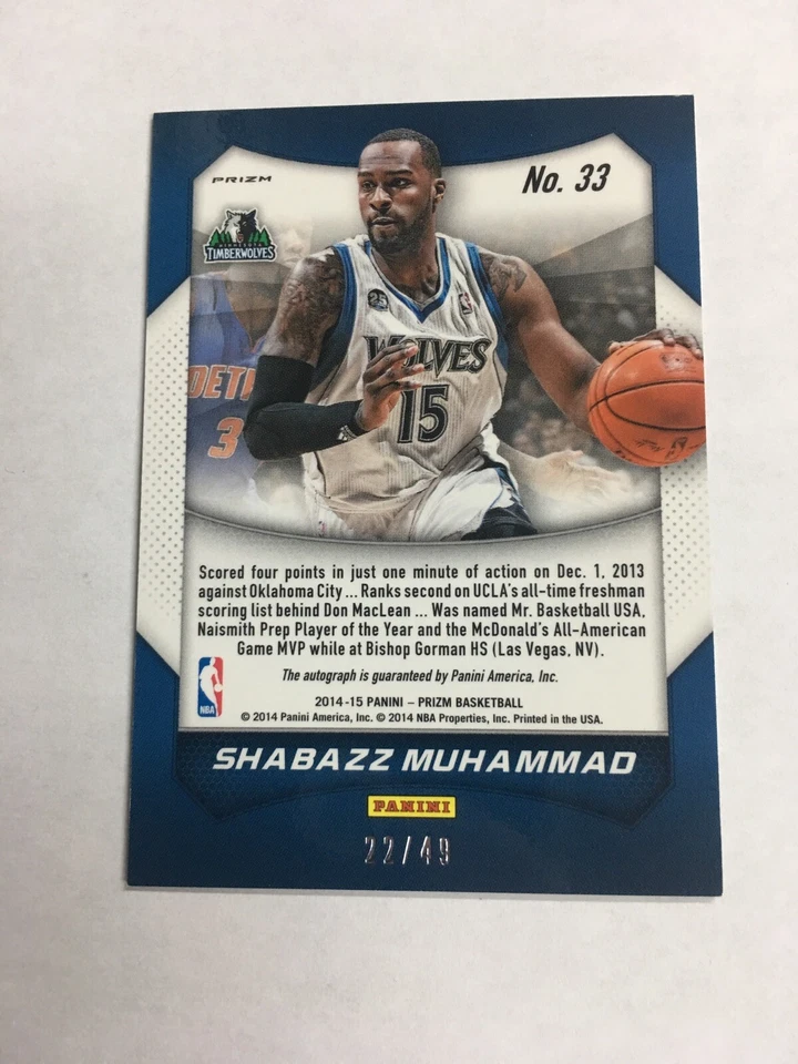 2014-15 Panini Prizm Shabazz Muhammad #33 Purple Pulsar Numbered 22/49 Auto Rare - Image 3 of 4