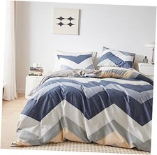Blue Geometric Duvet Cover 100 Cotton 3 Pcs Set 1 Modern King Blue Chevron