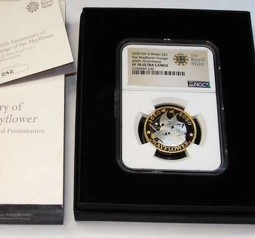 2020 MAYFLOWER GREAT BRITAIN £2 SILVER & GOLD NGC PF70 w/ CoA&Box Only 5505 Mtd.