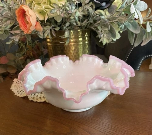 Vintage Fenton  Apple Blossom Crest 10" Crimped Bowl Milk glass Ruffled Edge