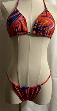 2pc Bikini Set, Halter Triangle Top, Cheeky, String Bottom, Small ,Floral Red