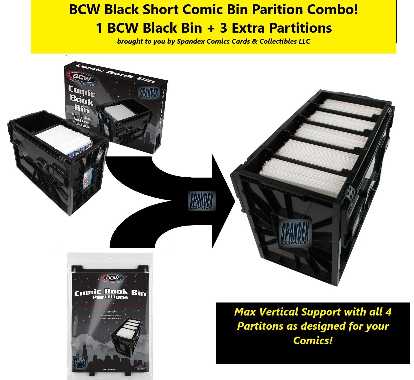 1 BCW Black Short Comic Book Bin Heavy Duty Acid Free Plastic Box +3 Partitions