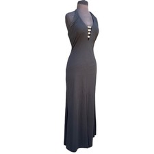Vtg Y2K Black Whimsigoth Rhinestone Cut Out Back Maxi Glam Vamp Halter Dress S