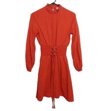ASOS Burnt Orange Textured Mini Dress Smocked Corset Waist Long Sleeve Cotton S