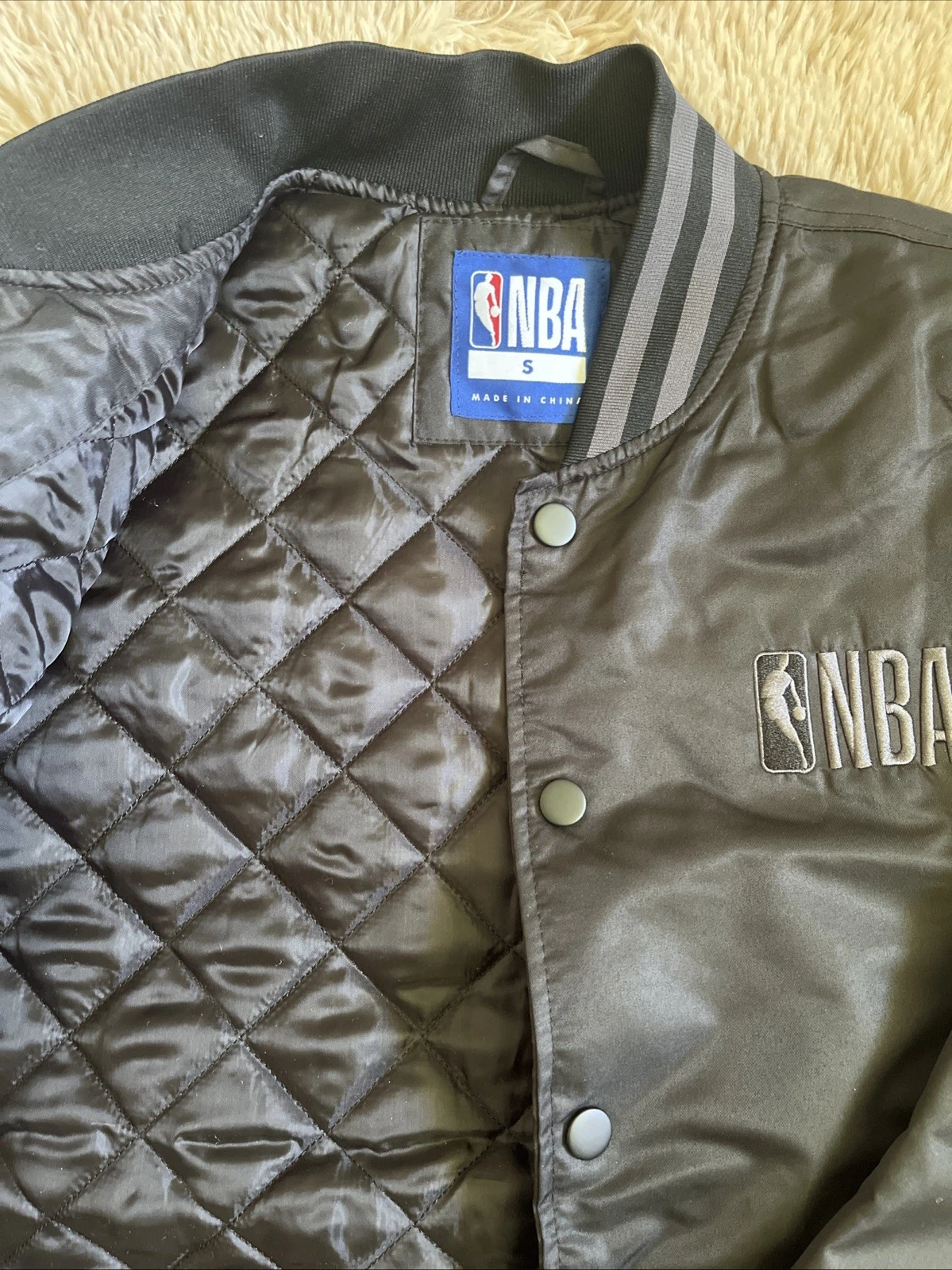 Official Satin NBA Brooklyn Bomber Varsity Snap Jacket Men's Size S Black NWT - product detail image 3