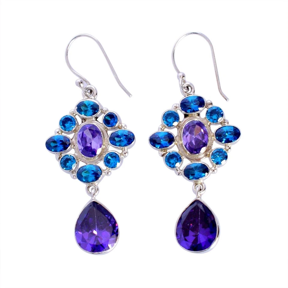 Pendientes colgantes de cuarzo amatista y cuarzo azul 925 de plata de ley... - Imagen 3 de 3