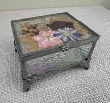 Vintage Glass Jewelry/Trinket Box Pressed Flowers Mirror Bottom 3 3/4" USA