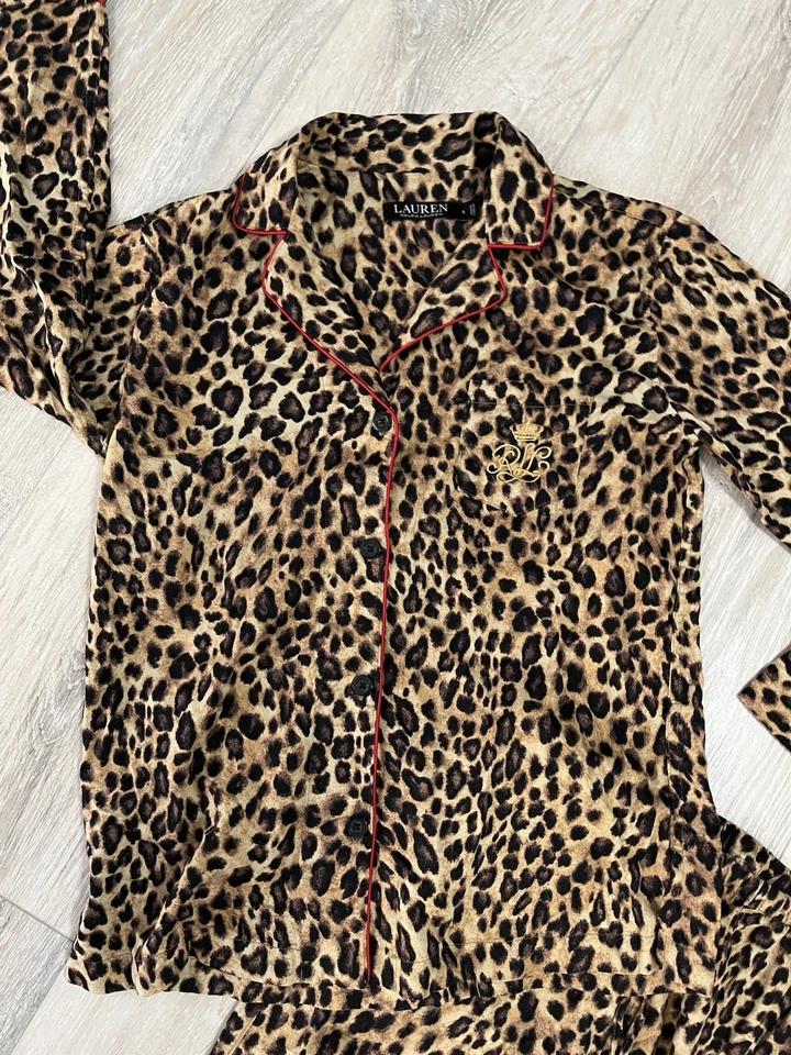 Lauren Raplh Lauren Leopard Print Red Trim Cotton Pajama Set Small - Image 2 of 4