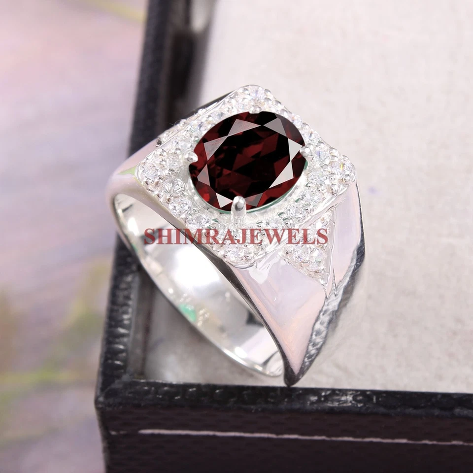 Naturale Granato Gemma Con 18K Placcato Oro Bianco Argento Uomo Anello #324 - Immagine 2 di 4