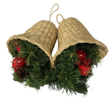 Christmas Bells Pair Woven Straw Greenery Gift Pine Cone Berries Decorative 7"