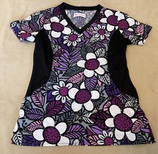 White Cross scrub top XS flexible sides purple floral