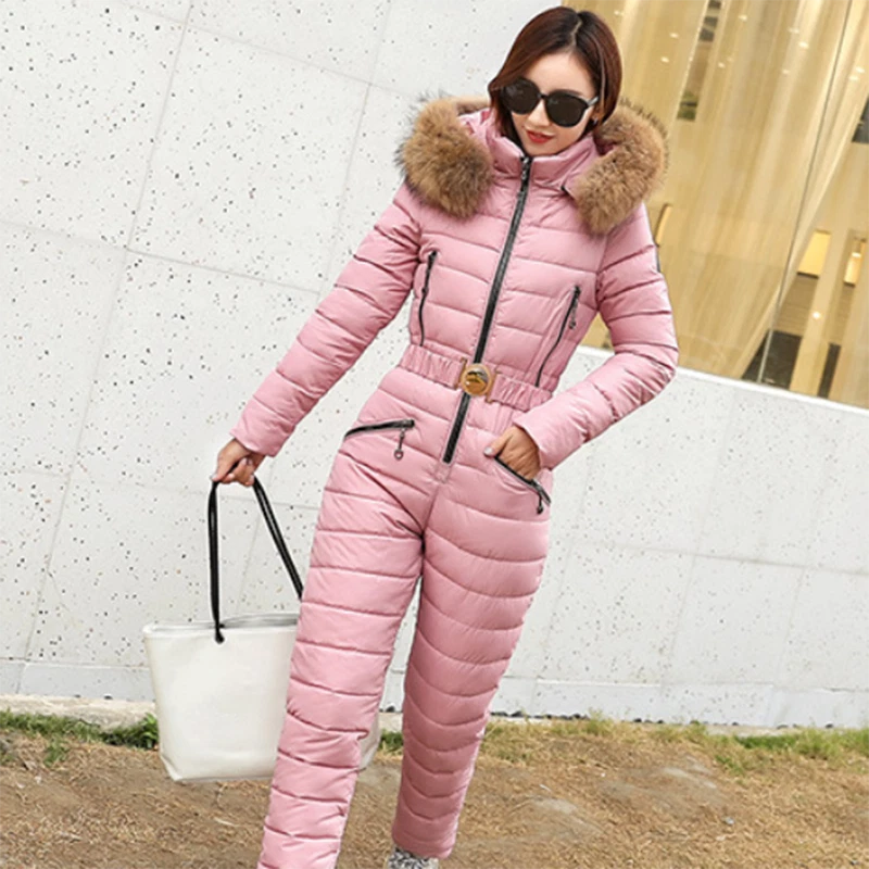 Lady Warm Skiing Suit Hooded Jumpsuit One Piece Padded Quilted Slim Thick  Winter