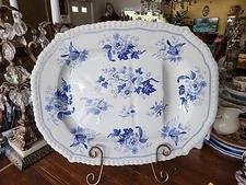 18.5"×14.1/4" Rare Blue Transferware Staffordshire Meat Platter Butterflies 