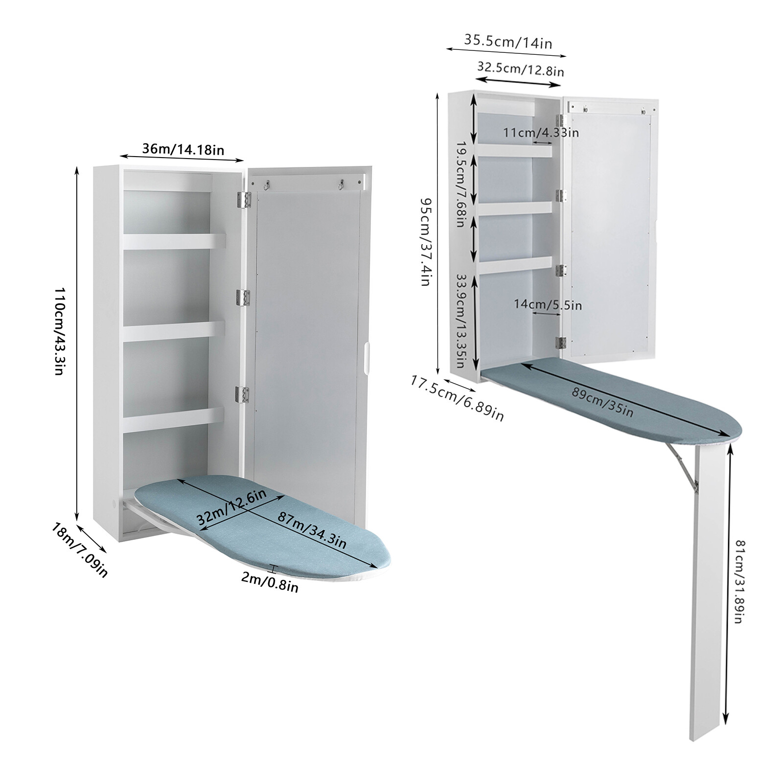 Modern Foldable Wall Mount Ironing Board Cabinet Built in Swivel Board w/Mirror-image
