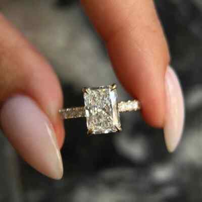 3.60 CTW Radiant Cut Moissanite Hidden Halo Wedding Ring 14k Yellow Gold Plated