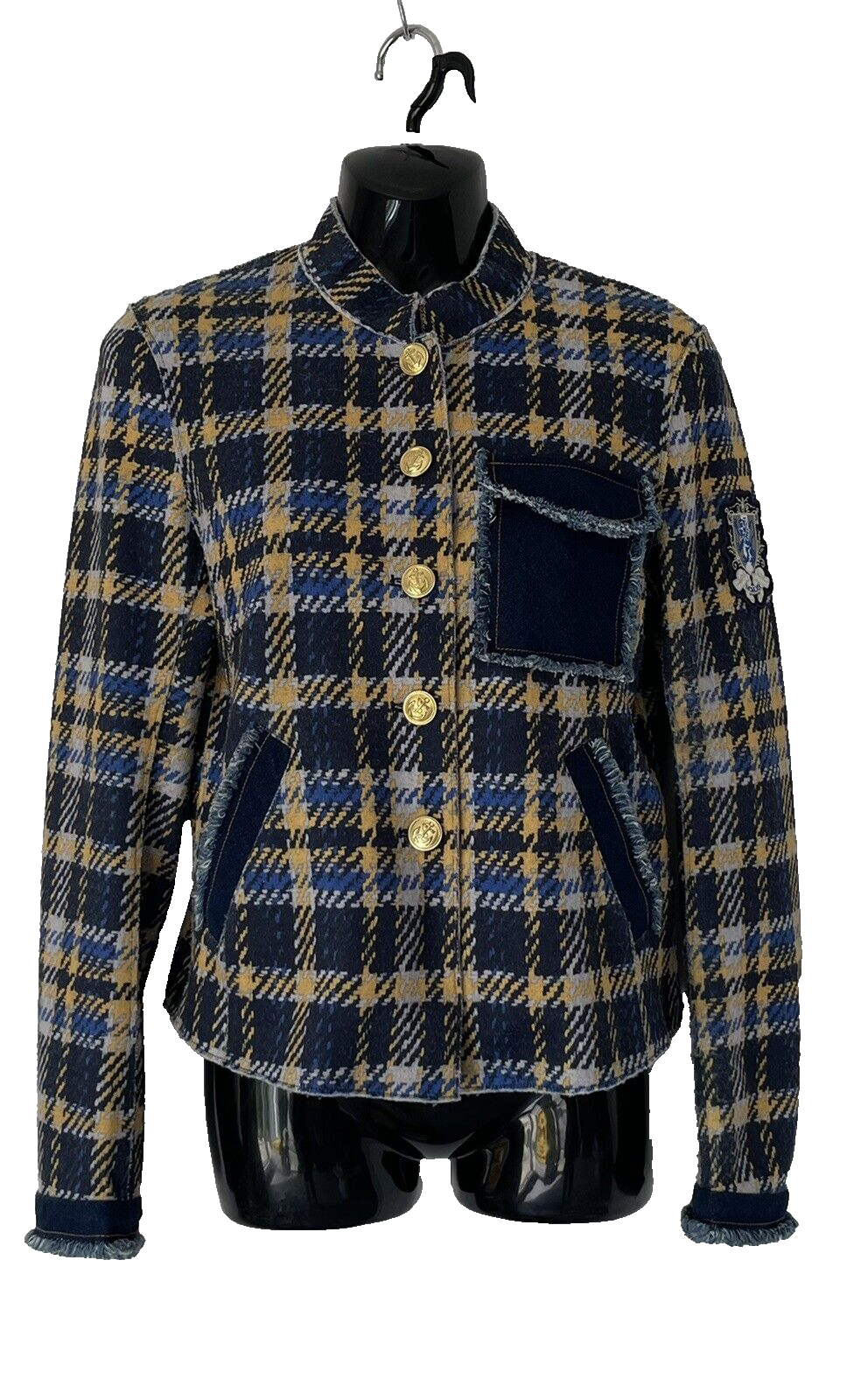 MARC AUREL SMART BLUE & YELLOW CHECK JACKET SIZE 36 UK 10 GOLD BUTTON FRONT