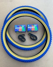 Bicycle Tires + Tubes 20 x 1.75 Blue/Gum Wall BMX GT Dyno Knobby Classic Style