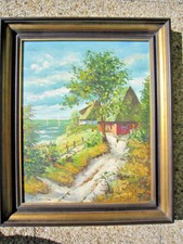 PAINTING * FARMHOUSE-STUBBLE-NORTH SEA-OIL PAINTING CANVAS-51x61cm-SIGNED-WOOD FRAME
