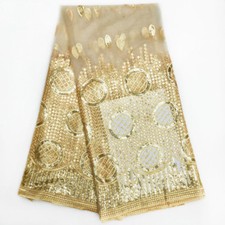 Gold African French Tulle Mesh Lace Fabric Embroidery Lace Bead 5 Yard 4 Dress