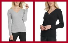 DKNY Metallic Threaded Embellished Women's V-Neck Sweater 79 NWT