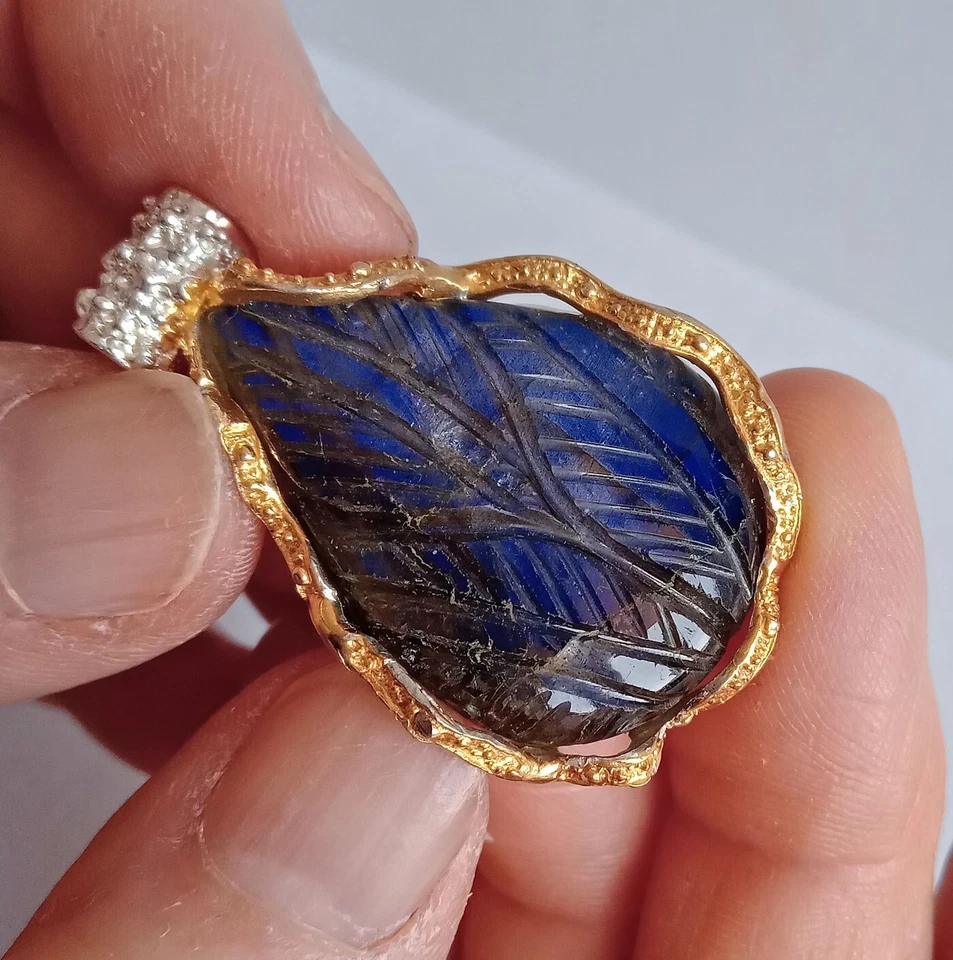 COLLIER ARGENTO STERLING RODIATO E DORATO CON LABRADORITE NATURALE INCISA - Immagine 2 di 4