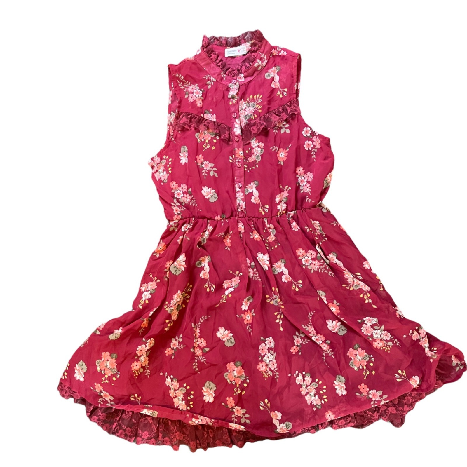 Beautees Boho Dress S Small Maroon Floral Layered Lace Lined Sleeveless Pleated image 7