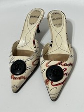 Vtg Chanel Script Print CC Logo Mule Heels 37.5